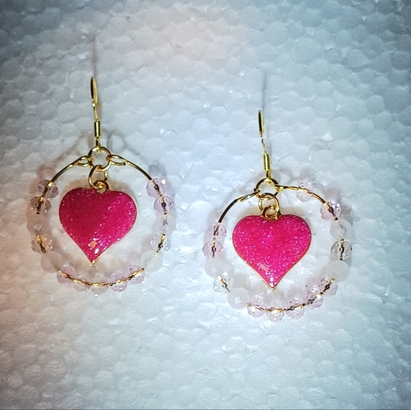 Earrings pink enameled heart charm,clear and pink crystals. - Picture 1 of 6